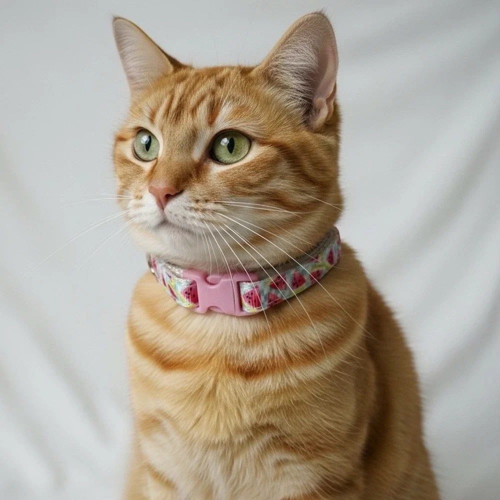 Mini Strawberries On White Handmade, Safety Cat Collar  Unisex  Pink